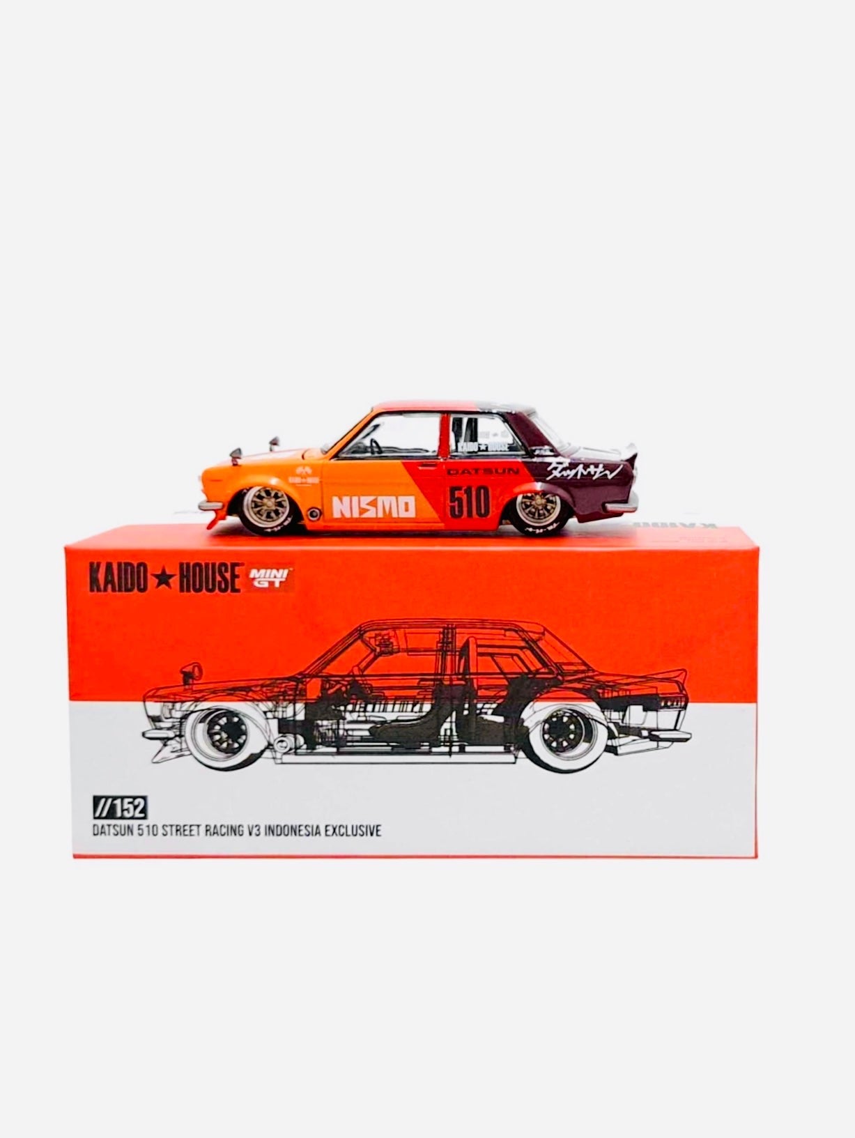Mini GT x Kaido House Collab Indonesia 2024 Expo Exclusive Datsun 510 Street Racing V3 #152 Bundled w/ Shirt & Sticker