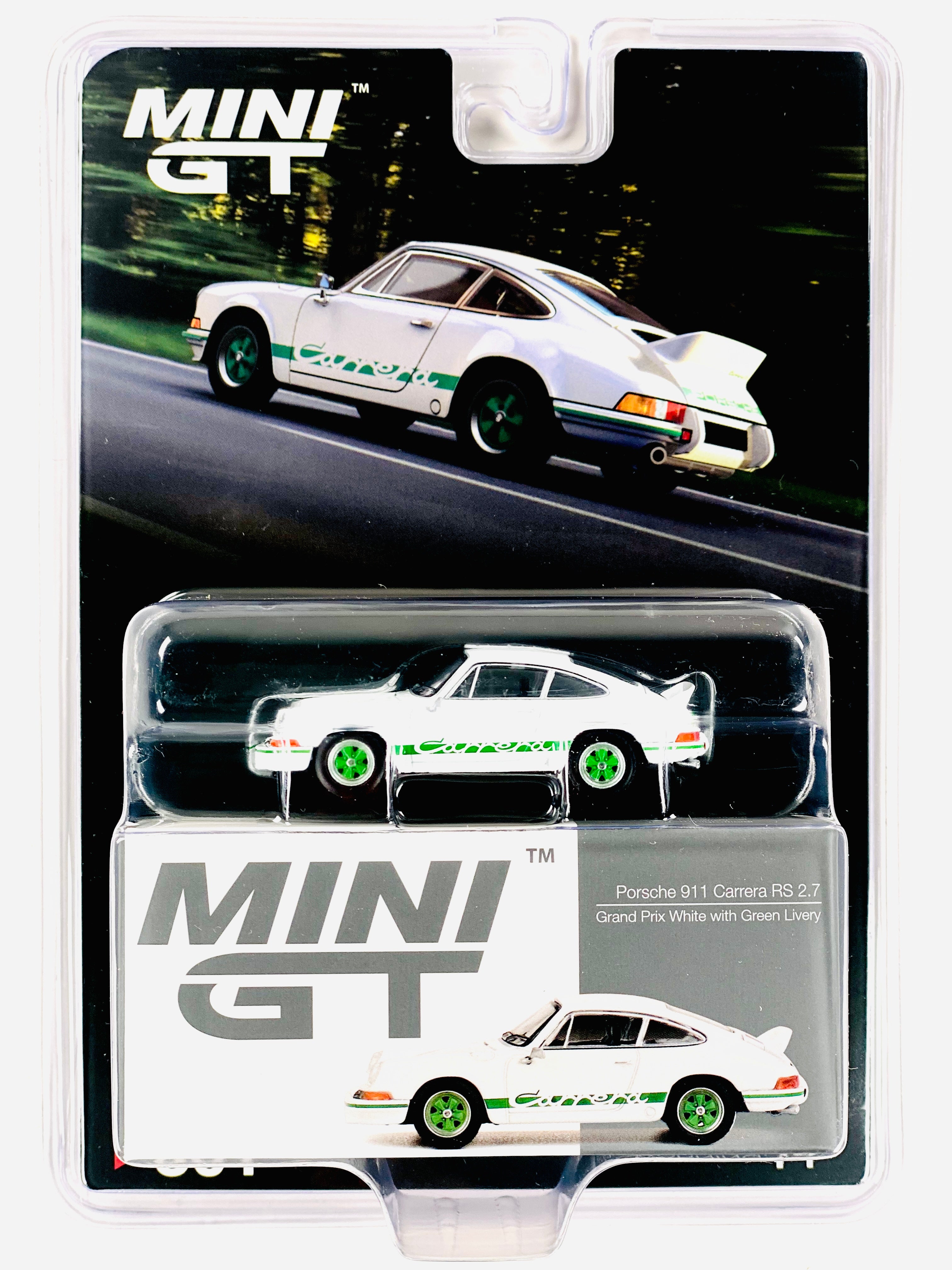 Mini GT Mijo Exclusive Porsche 911 Carrera RS 2.7 Grand Prix White with Green Livery #801