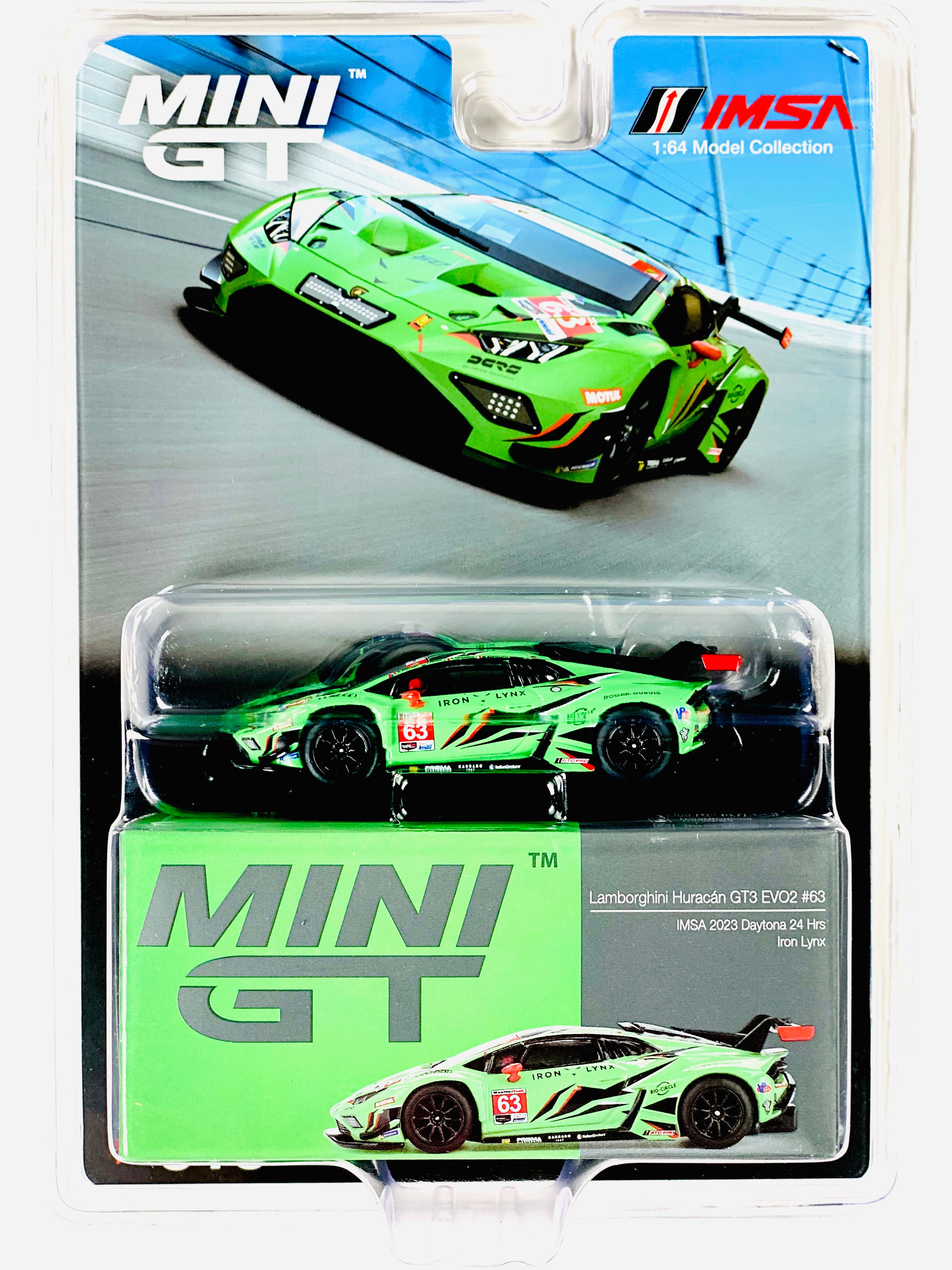 Mini GT Mijo Exclusive Lamborghini Huracán GT3 EVO2 #63 Iron Lynx IMSA 2023 Daytona 24 Hrs. #813