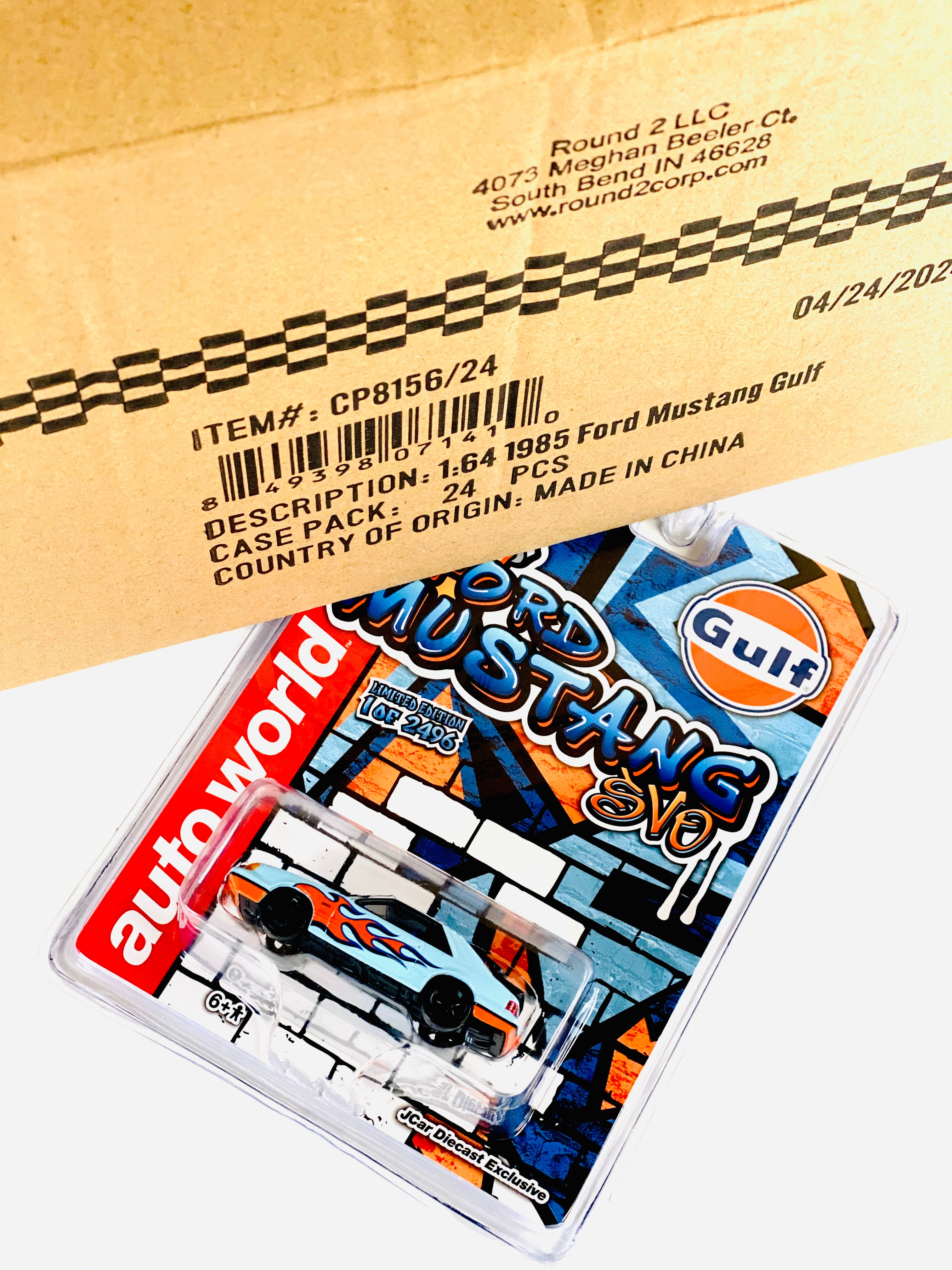 Auto World x JCar Diecast Exclusive Gulf 1985 Ford Mustang (24-Car Case) Includes Chase