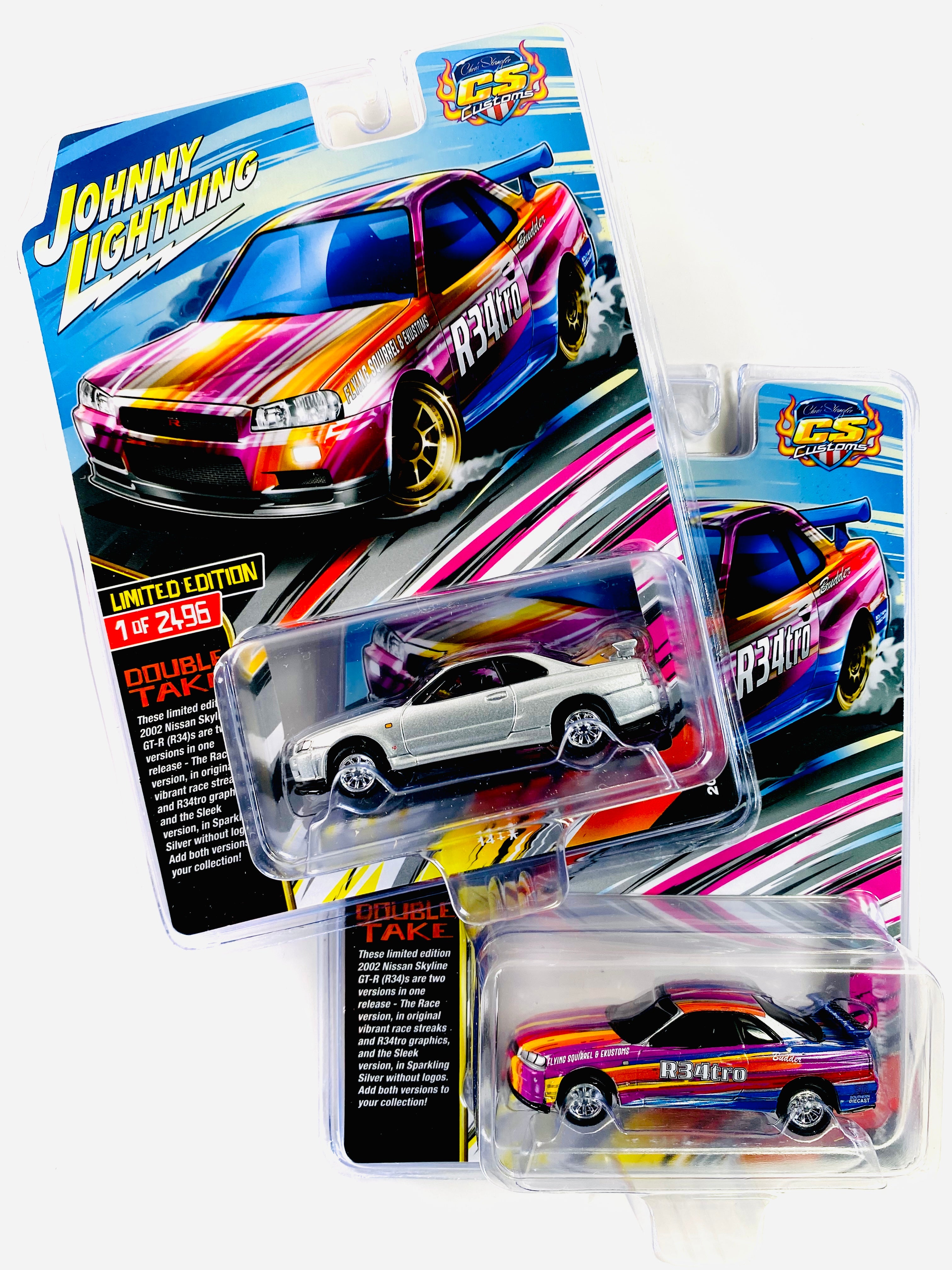 Johnny Lightning 2002 Nissan Skyline GT-R (R34) Tampo/No Tampo Pair (2 Cars)